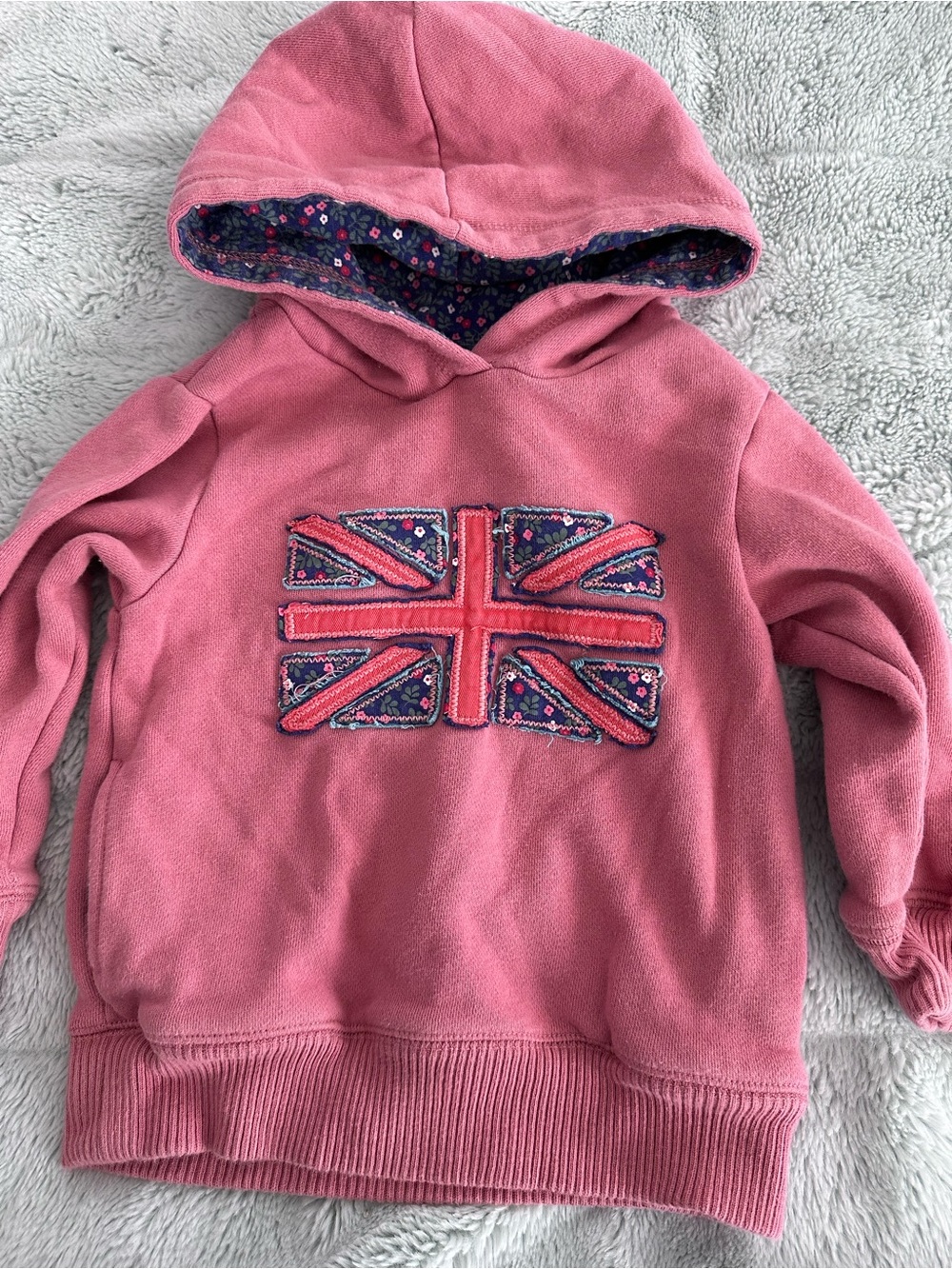 Mini Boden Pink Hooded Sweatshirt with Floral-Lined Hood and Union Jack